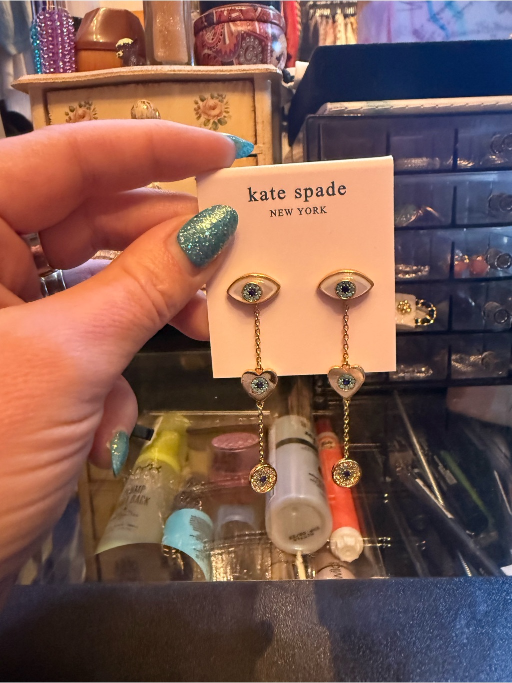 Kate Spade Gold Drop Earrings With Blue Glitter Evil Eye And Heart Charms